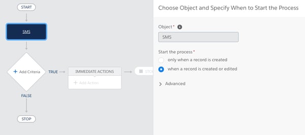 View of selecting SMS object to start the Process when a record is created or edited 