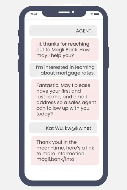 An example customer support text thread in which the recipient texts a keyword and the SMS assistant responds to collect contact information.