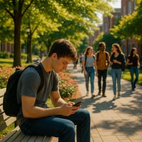 photographic In a bustling college campus a young student sits on a sunlit bench intently focused on texting on his smartphone Surrounding him are vib