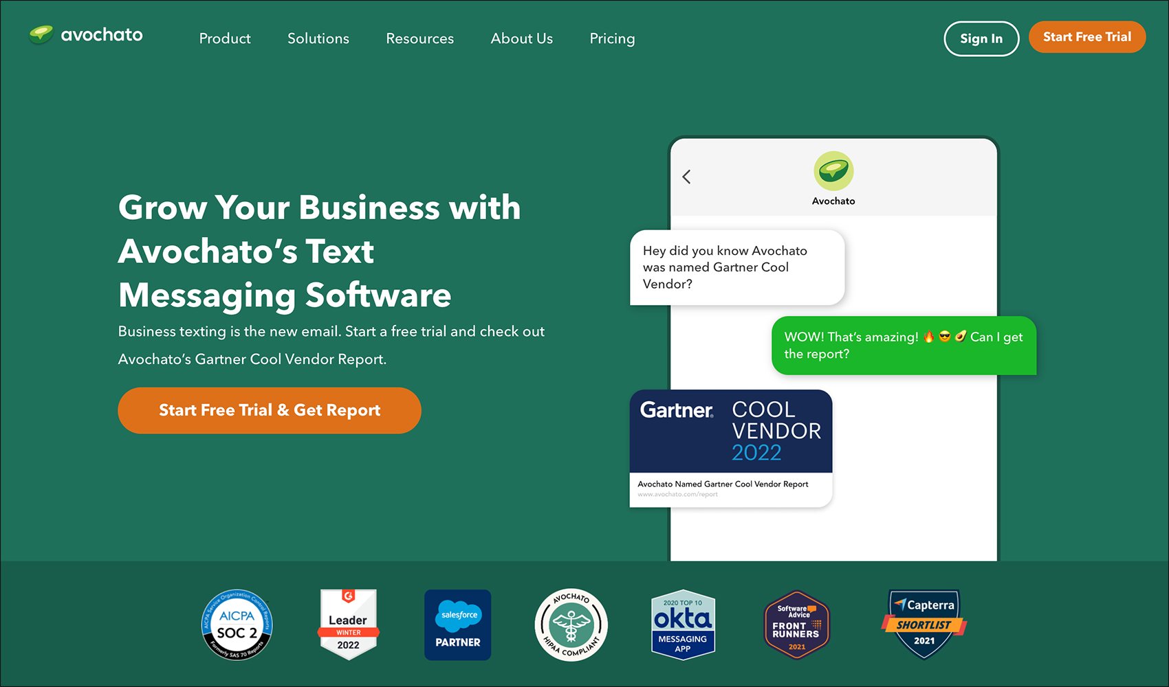 This is a screenshot of Avochato’s website, showcasing our pick for the best SMS marketing software for live chat.