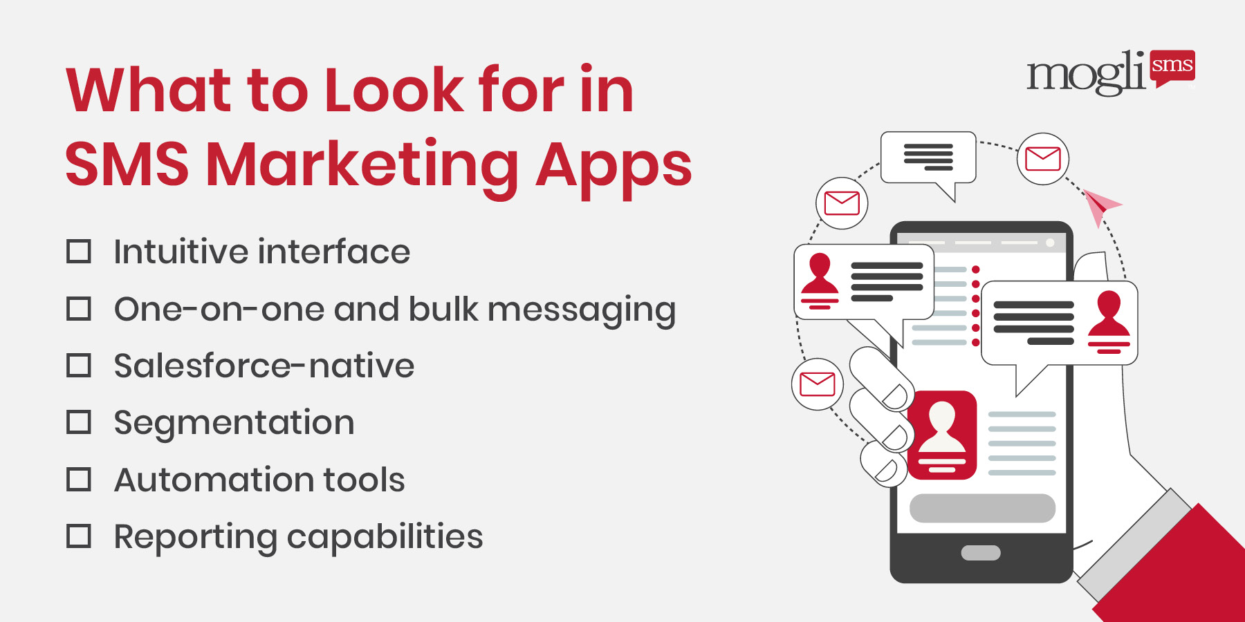 This image and the text below list the most important features to look for in the best SMS marketing apps.