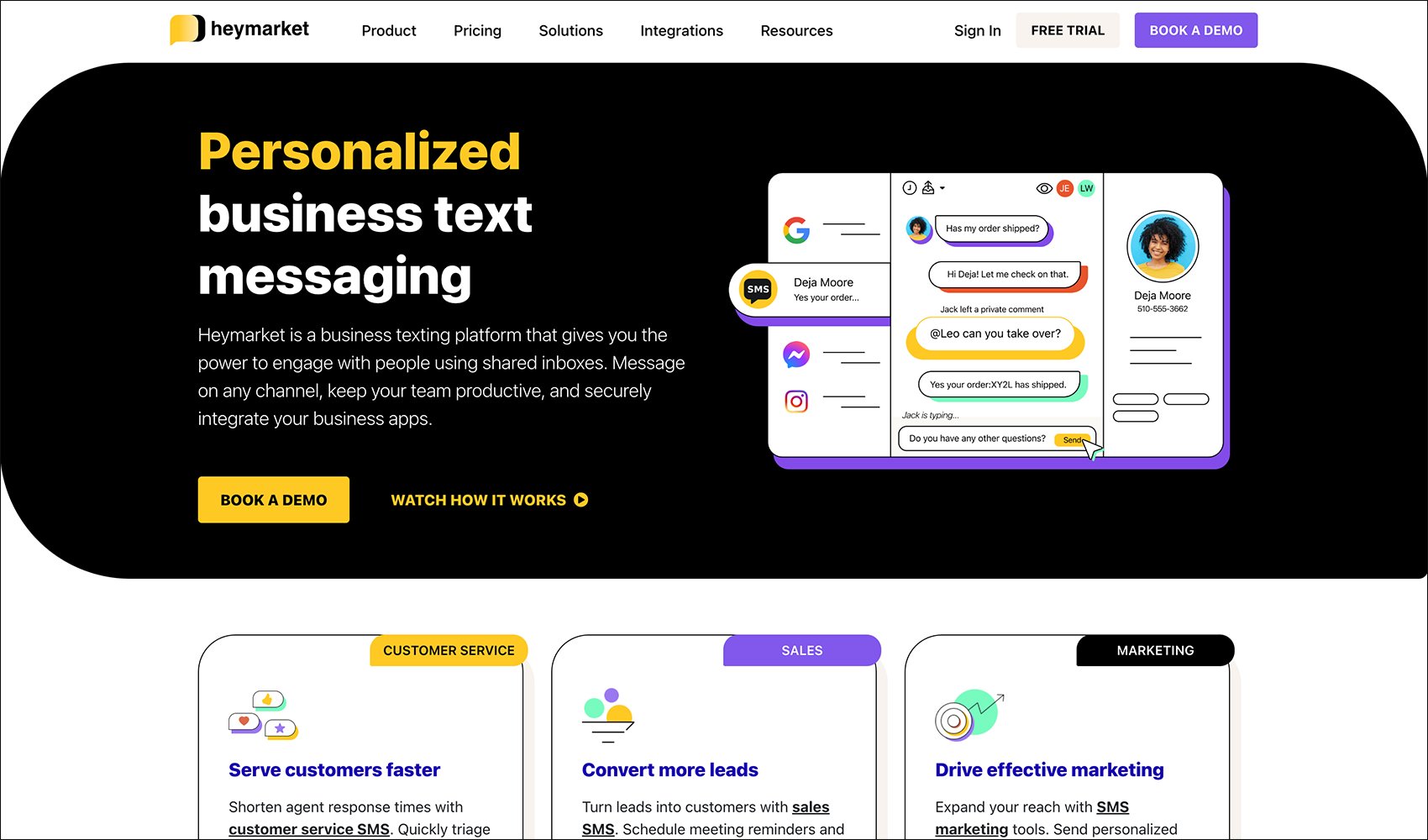 This screenshot of Heymarket’s website emphasizes how this SMS marketing software connects all your business’s teams. 