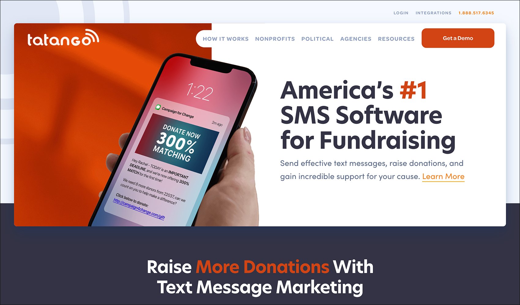 This is a screenshot of the Tatango website, emphasizing the SMS marketing software’s advocacy capabilities.