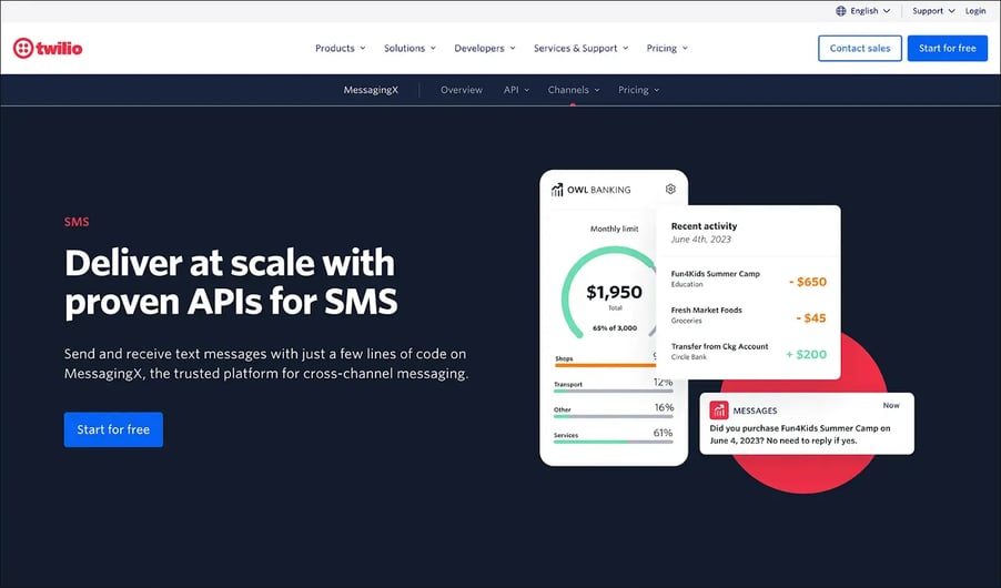 Screenshot of the Twilio homepage, one of the best SMS marketing platforms for Salesforce