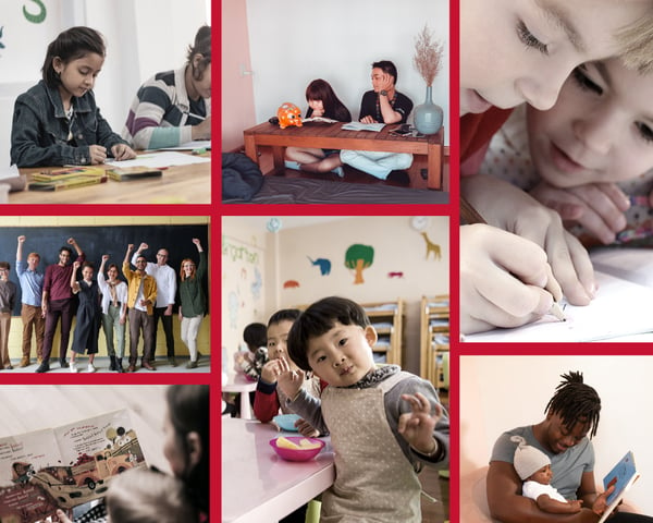 collage of baby and K-12 learners with involved parents and teachers