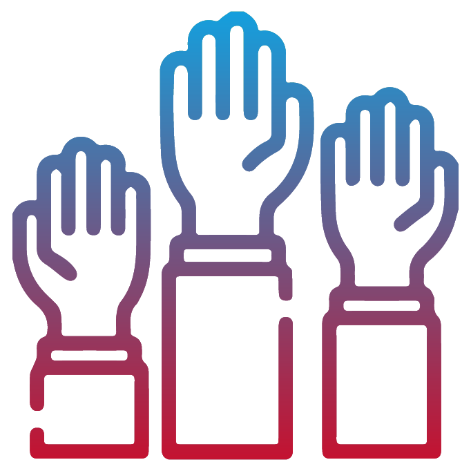 Icon showing three raised hands, representing how you can communicate with volunteers through nonprofit text messaging