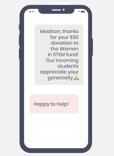 In this example, a university uses SMS marketing to thank someone for a donation over text.