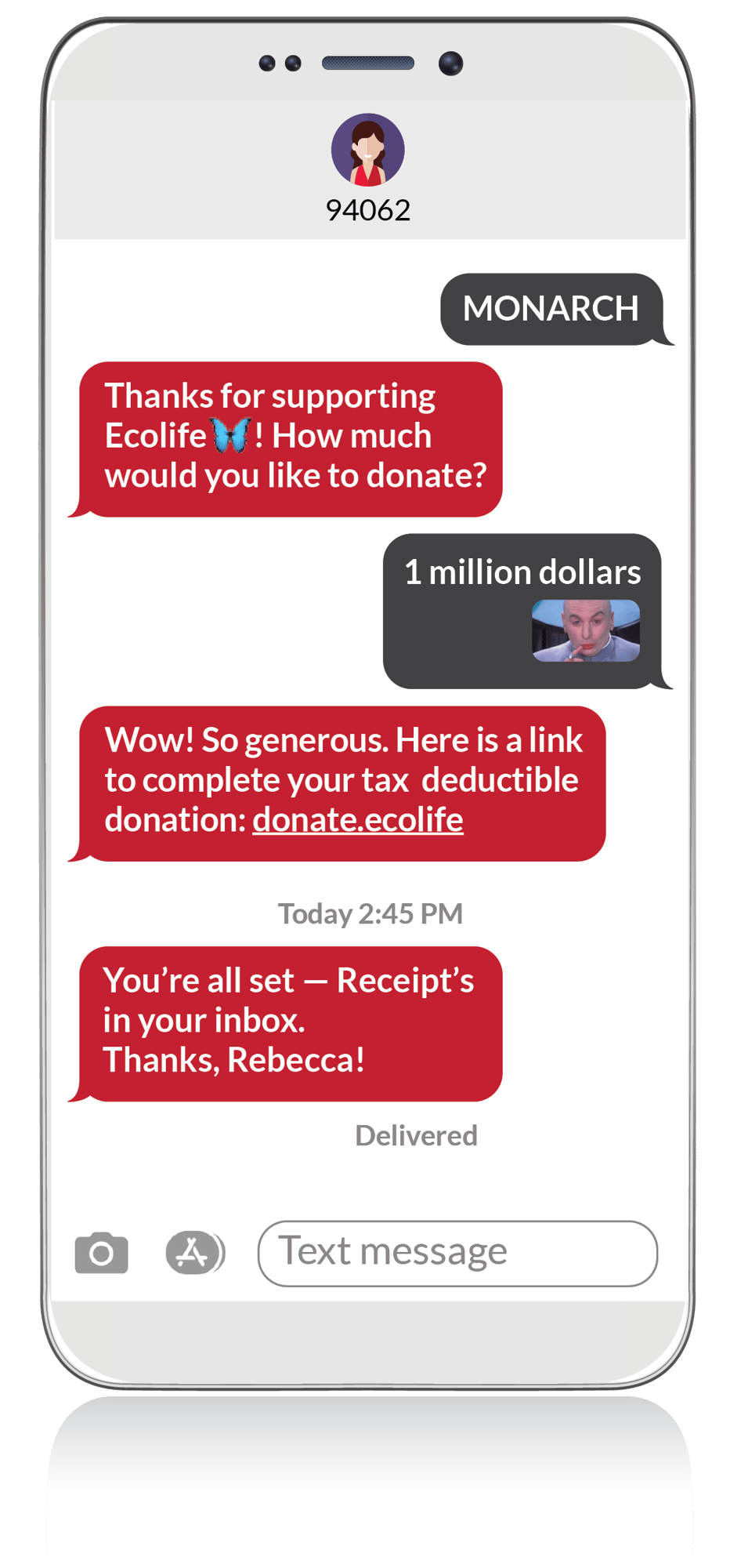 Example of a text conversation sent with the Mogli SMS for nonprofits app