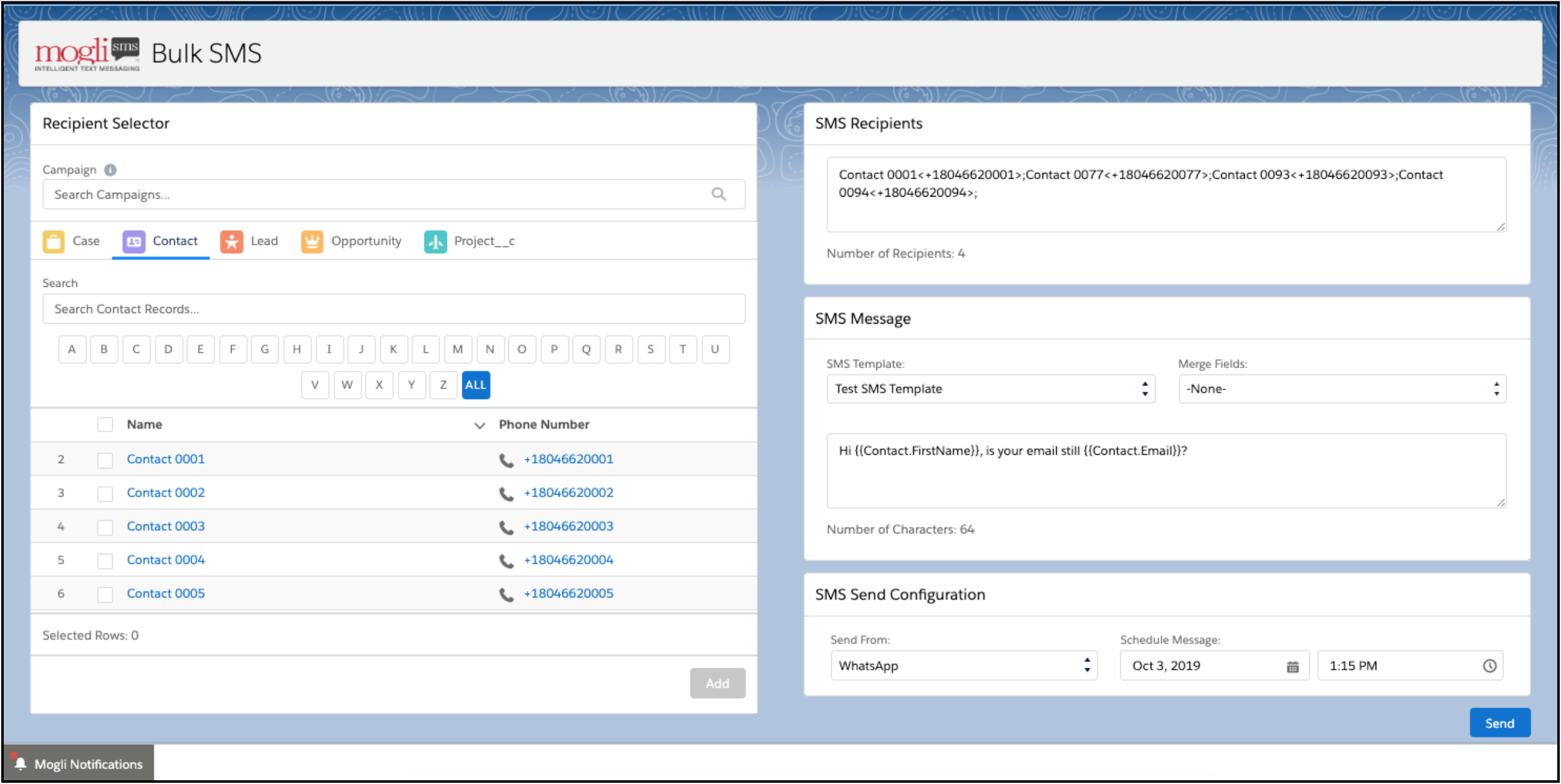 Mogli SMS & WhatsApp Bulk Sends user interface on Salesforce