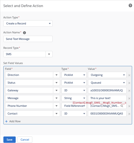 Triggering a text by populating action field values