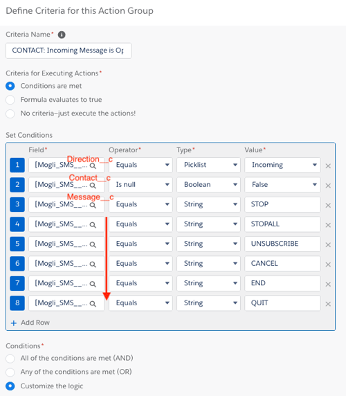 Defining your Criteria for the Contacts Action Group view for Opt-Out Automation