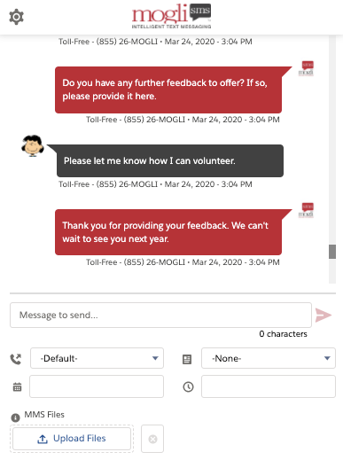 Mogli SMS one-to-one conversation view in Salesforce UI