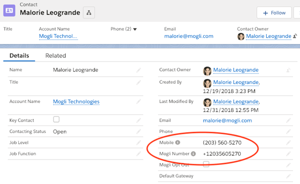  Contact or Lead record view for Populating Mogli Number