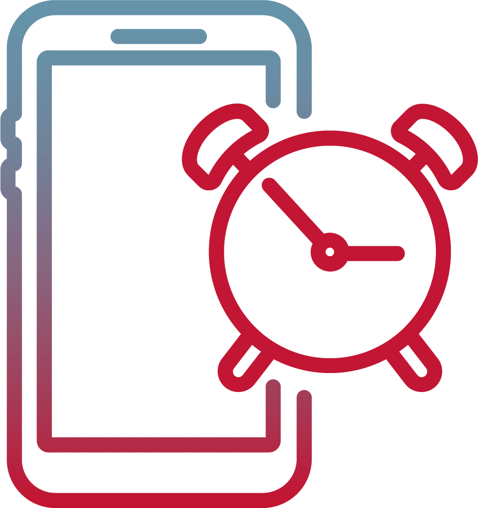 An icon of a phone and an alarm clock, illustrating how Mogli’s SMS app for schools and higher education streamlines staff communication.