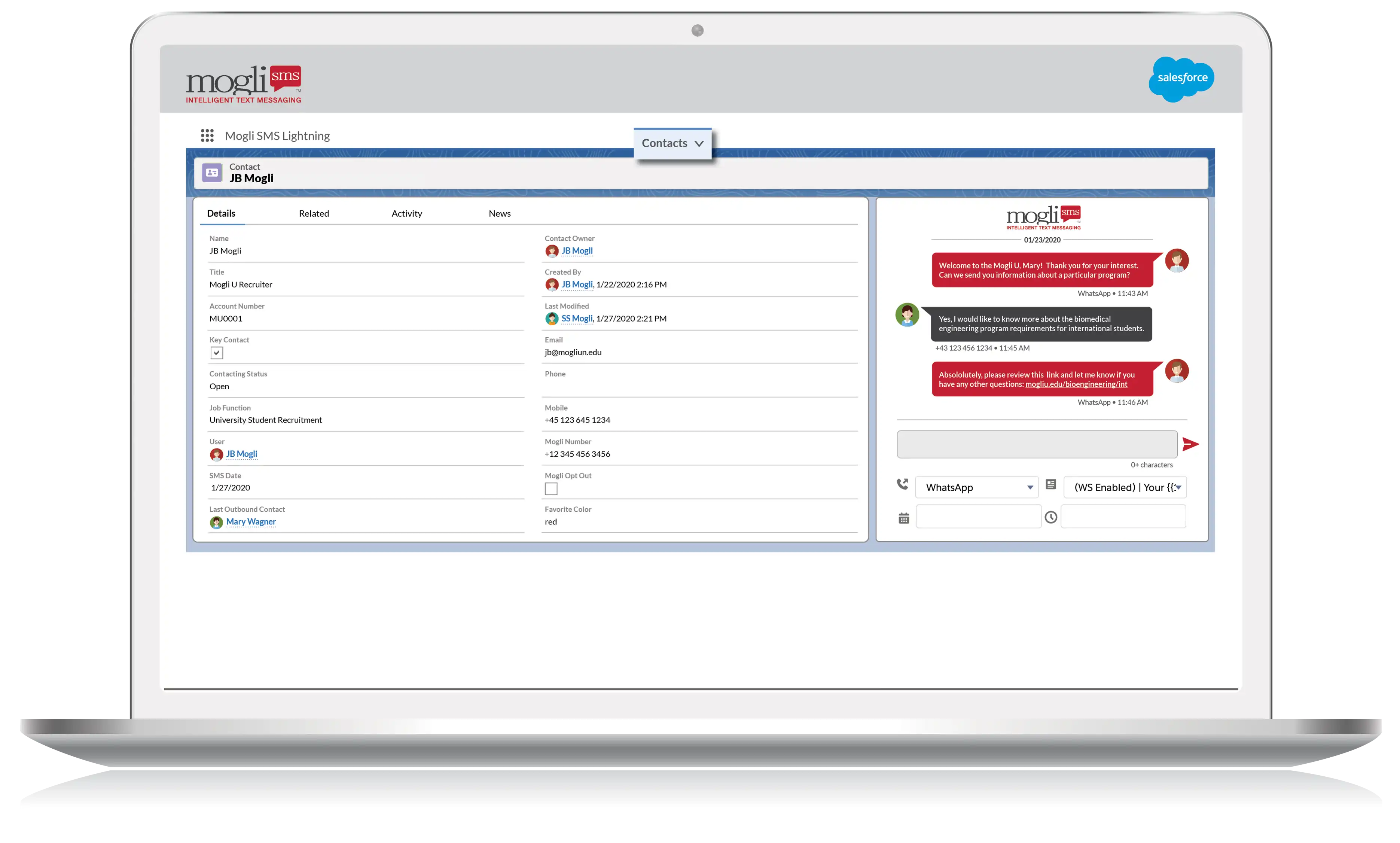 Laptop showing contact details and a text exchange within Mogli’s SMS survey app